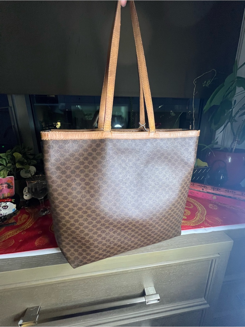 Vintage Celine Macadam Monogram Large Shoulder Tote Brown